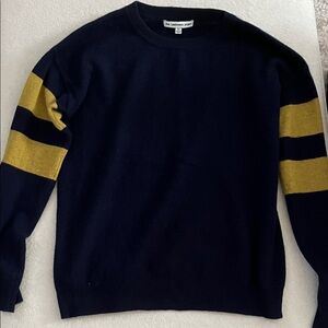 Navy Crewneck Sweater with Gold Sleeve Stripes